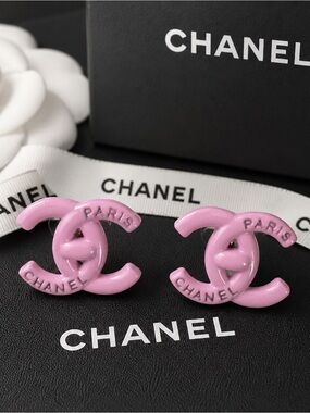 Pink Enamel Interlocking CC Earrings